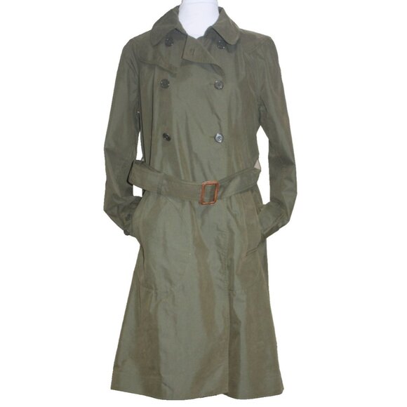 J. Crew  Dark Army Green Belted Trench Coat Size 10 Cotton Blend Double Breasted - Picture 1 of 11